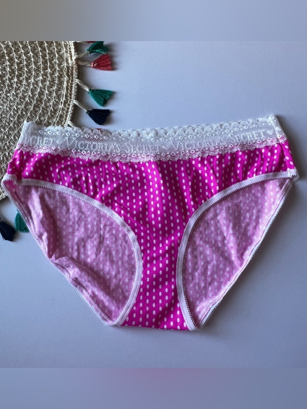 Victoria's Secret Vintage Cotton Lace Wait Brief Pink White Polka Dots M NEW